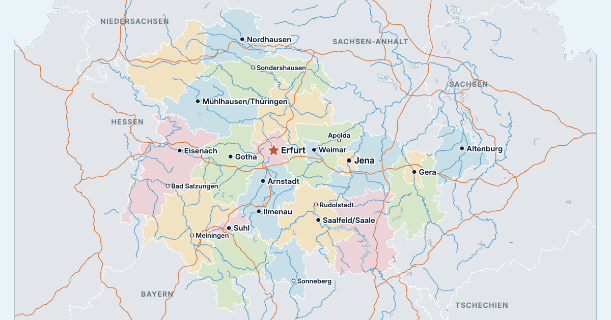 Karte von Thüringen mit den größten Städten