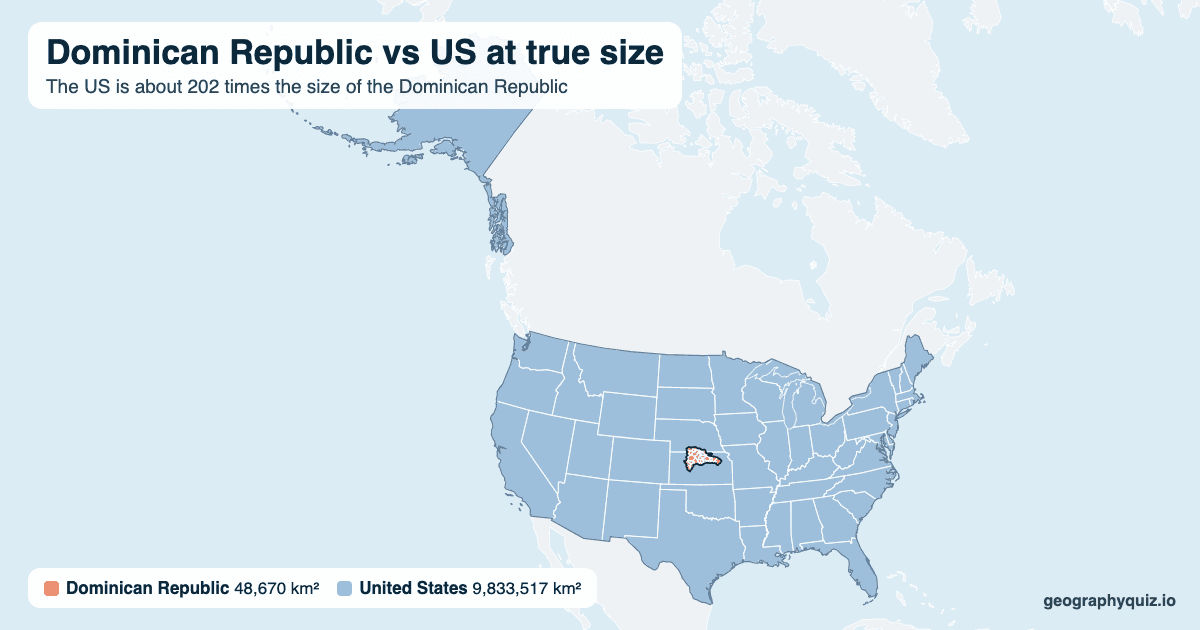 Dominican Republic vs US size comparison map: the Dominican Republic laid over the US at true size. The US is about 202 times the size of the Dominican Republic.