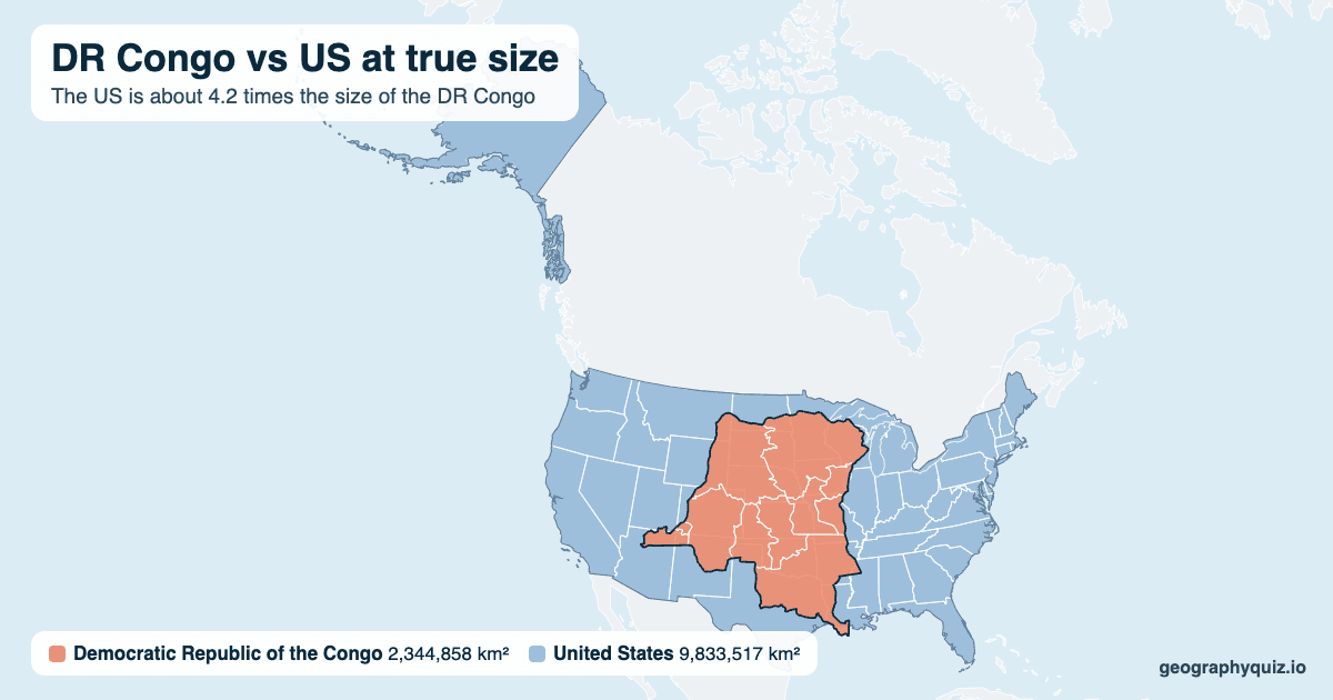DR Congo vs US size comparison map: the DR Congo laid over the US at true size. The US is about 4.2 times the size of the DR Congo.