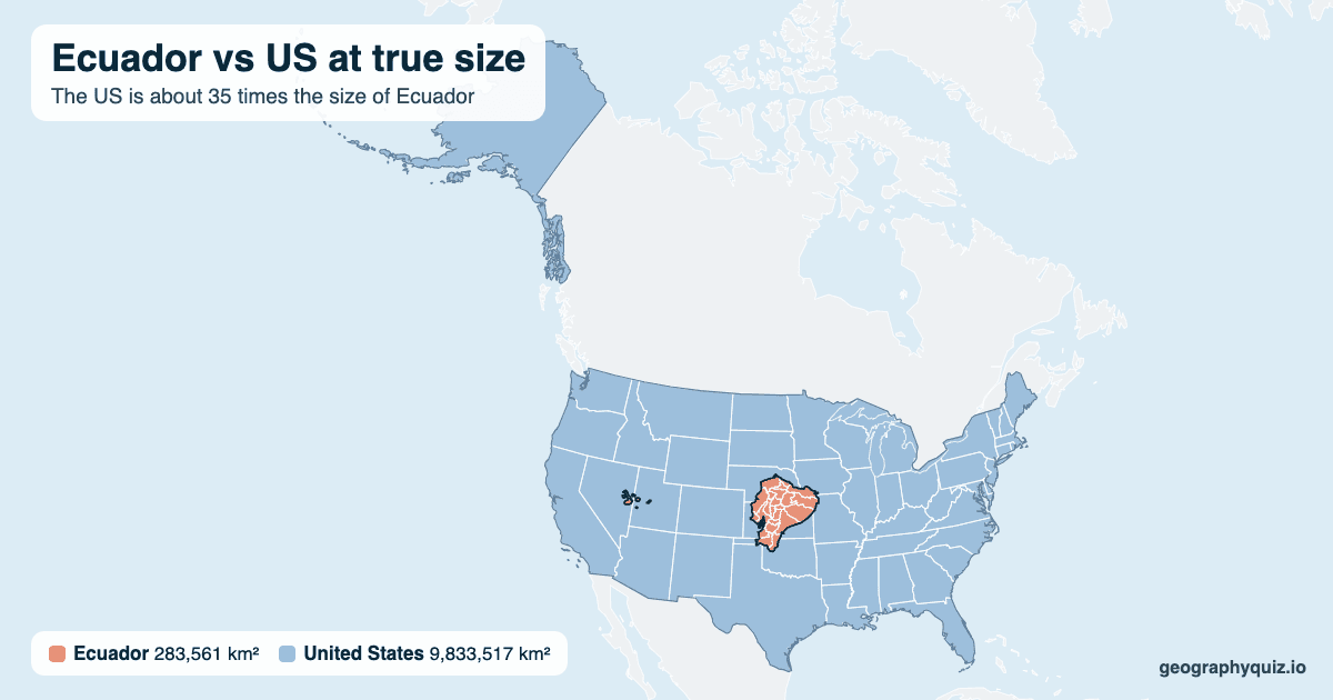Ecuador vs US size comparison map: Ecuador laid over the US at true size. The US is about 35 times the size of Ecuador.