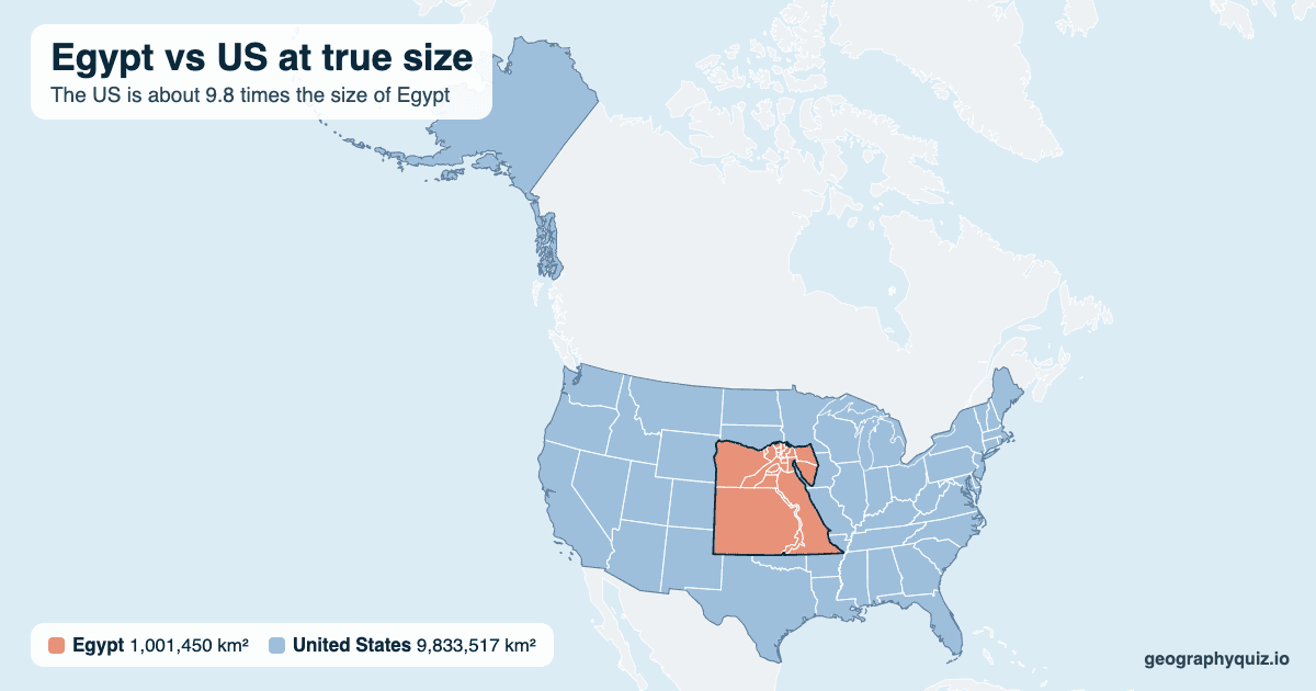 Egypt vs US size comparison map: Egypt laid over the US at true size. The US is about 9.8 times the size of Egypt.