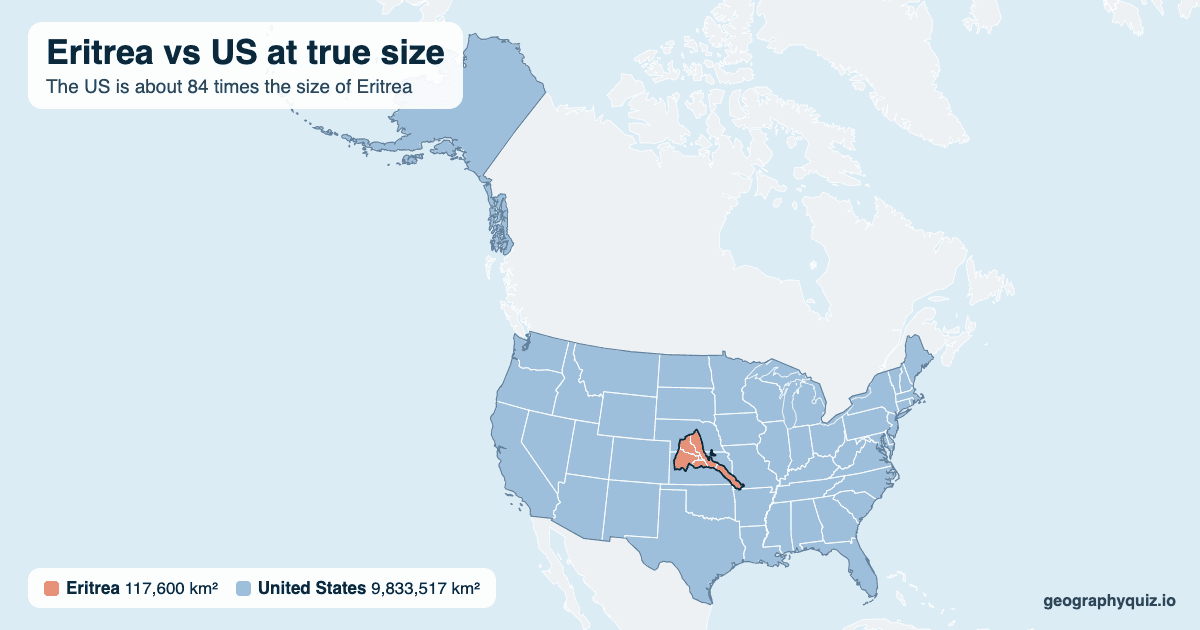 Eritrea vs US size comparison map: Eritrea laid over the US at true size. The US is about 84 times the size of Eritrea.