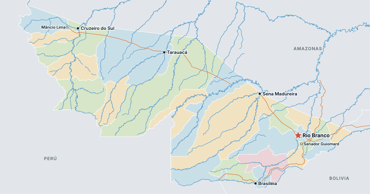 Mapa de Acre con sus ciudades más grandes