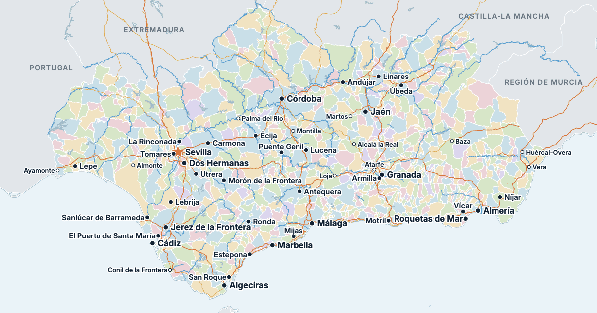 Mapa de Andalucía con sus ciudades más grandes