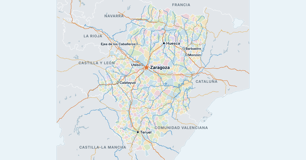Mapa de Aragón con sus ciudades más grandes