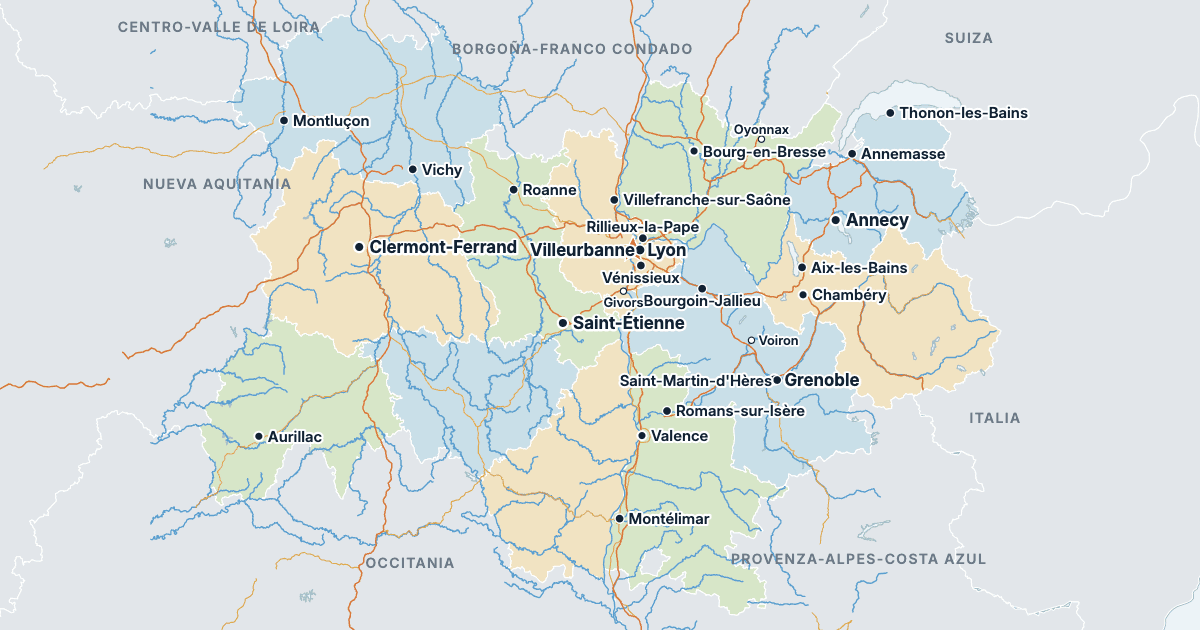 Mapa de Auvernia-Ródano-Alpes con sus ciudades más grandes