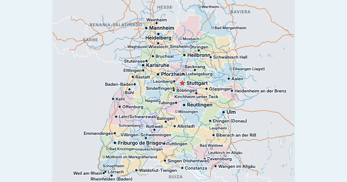 Mapa de Baden-Wurtemberg con sus ciudades más grandes