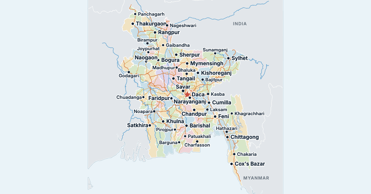 Mapa de Bangladés con sus ciudades más grandes