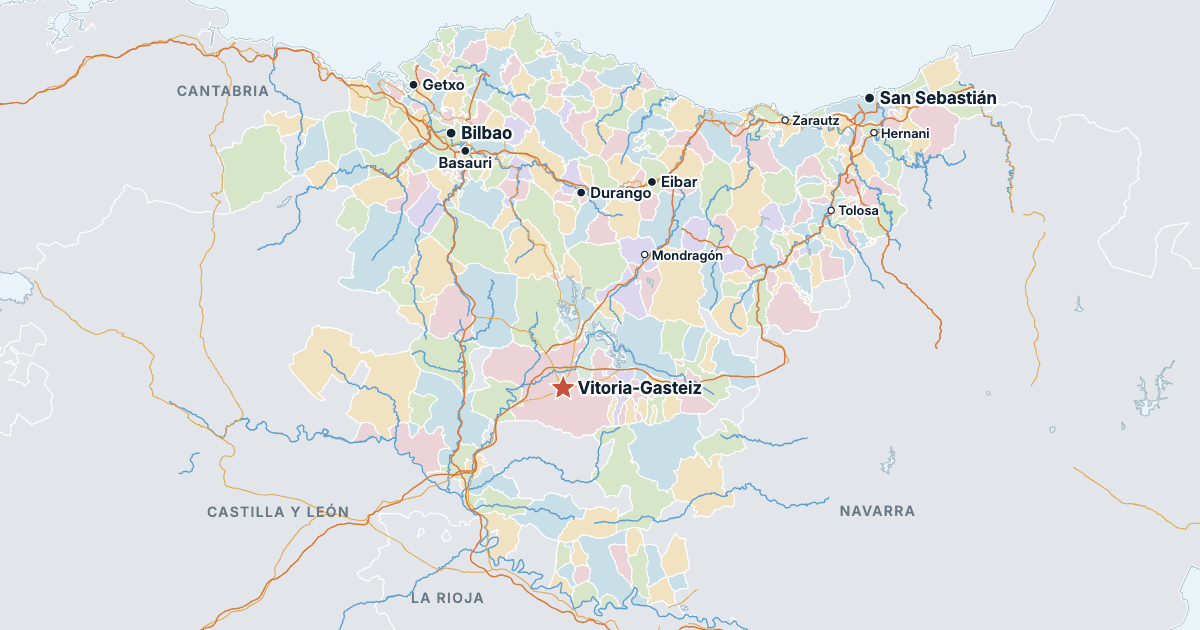 Mapa del País Vasco con sus ciudades más grandes