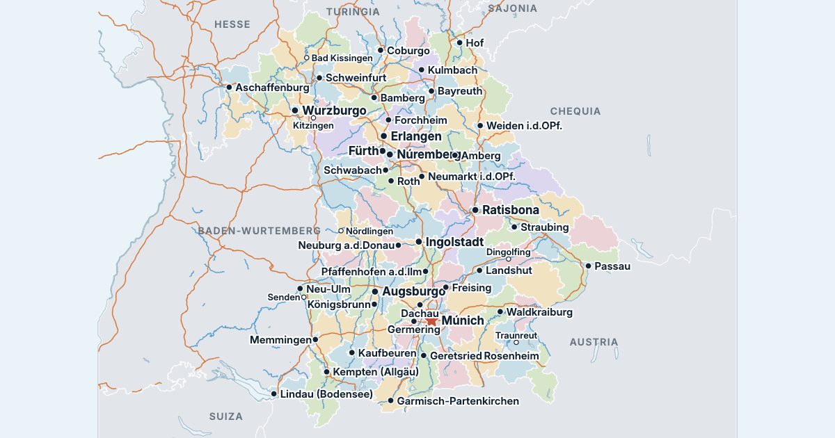 Mapa de Baviera con sus ciudades más grandes