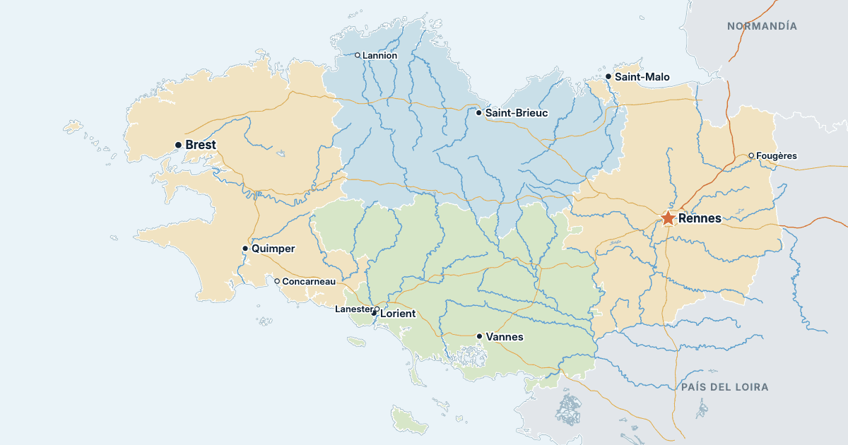 Mapa de Bretaña con sus ciudades más grandes