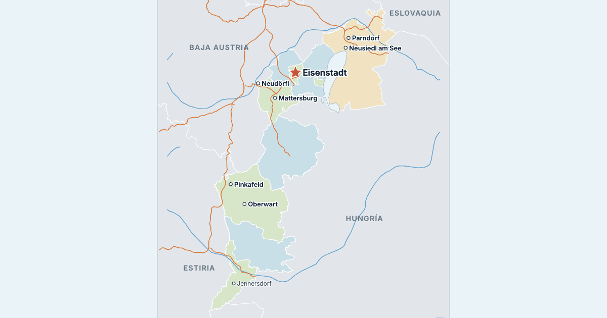 Mapa de Burgenland con sus ciudades más grandes