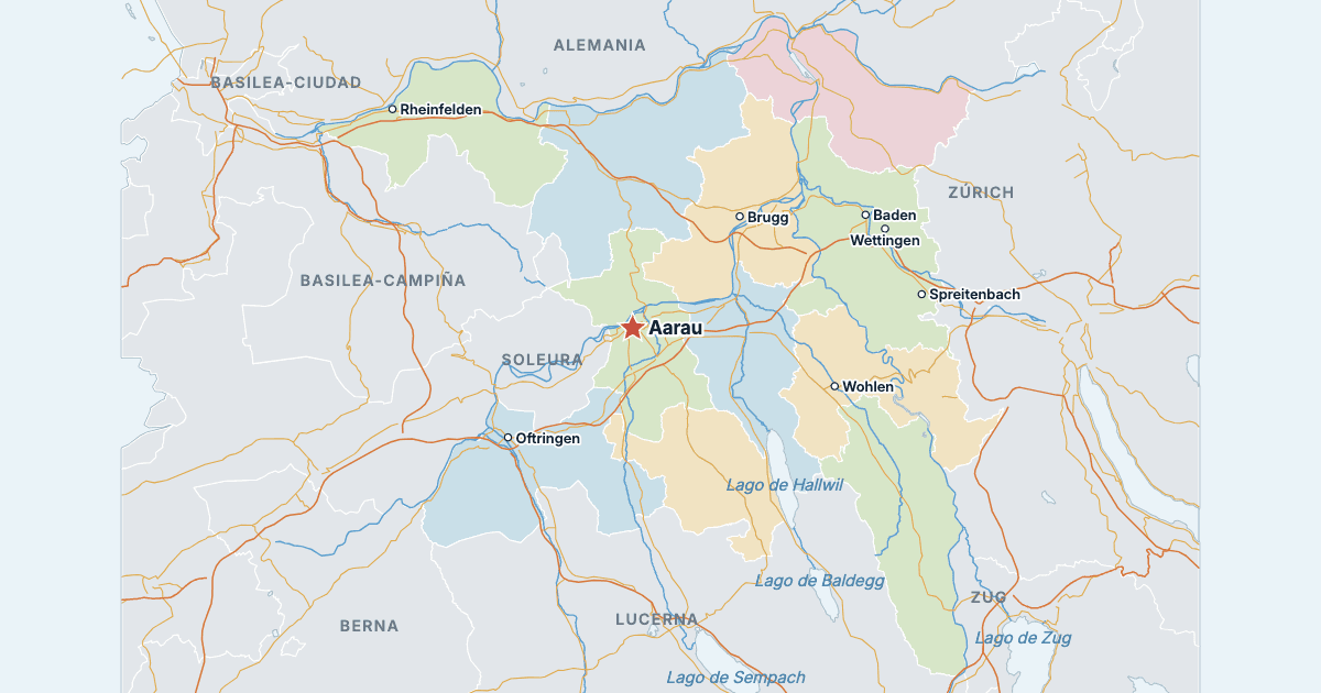 Mapa del cantón de Argovia con sus ciudades más grandes