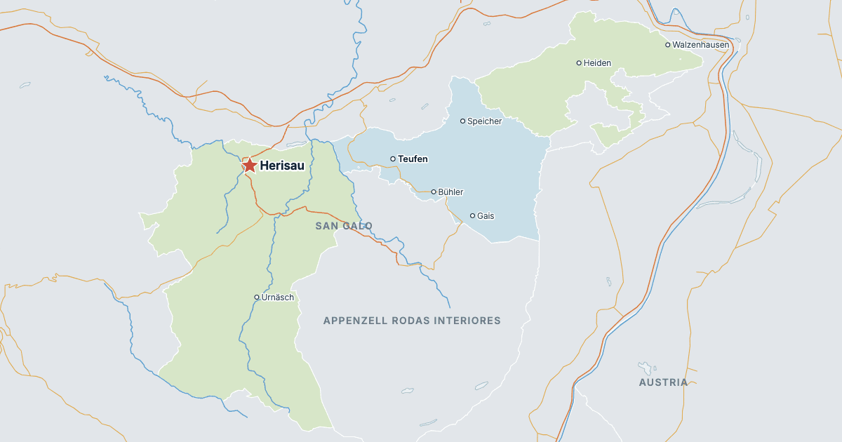 Mapa del cantón de Appenzell Rodas Exteriores con sus ciudades más grandes