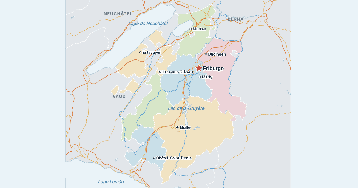 Mapa del cantón de Friburgo con sus ciudades más grandes