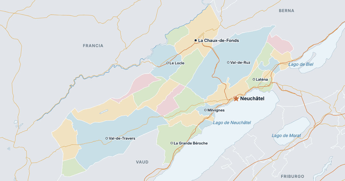 Mapa del cantón de Neuchâtel con sus ciudades más grandes