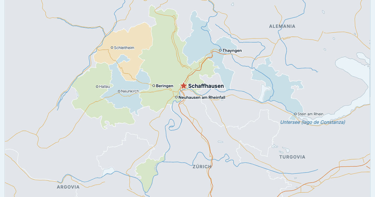 Mapa del cantón de Schaffhausen con sus ciudades más grandes