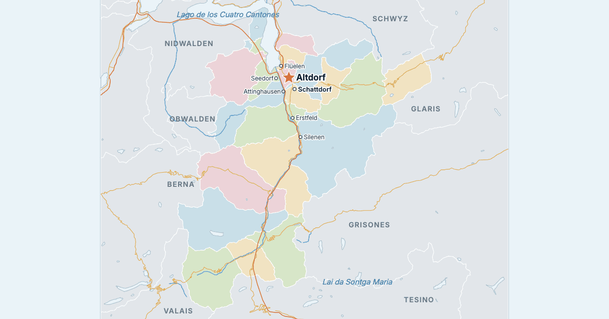 Mapa del cantón de Uri con sus ciudades más grandes