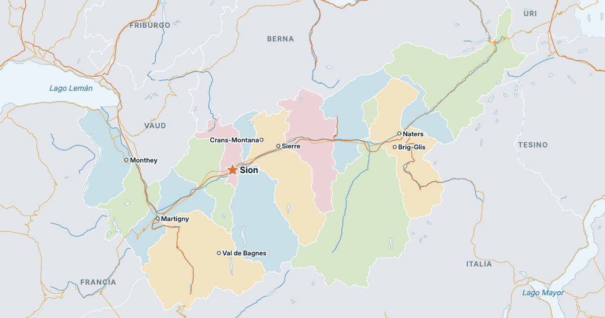 Mapa del cantón del Valais con sus ciudades más grandes