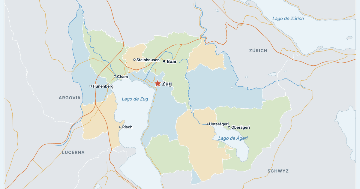 Mapa del cantón de Zug con sus ciudades más grandes