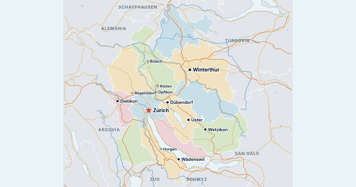 Mapa del cantón de Zúrich con sus ciudades más grandes