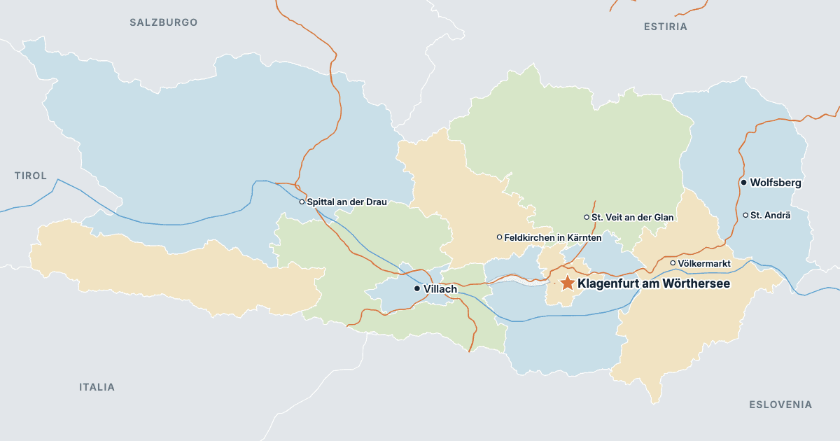 Mapa de Carintia con sus ciudades más grandes