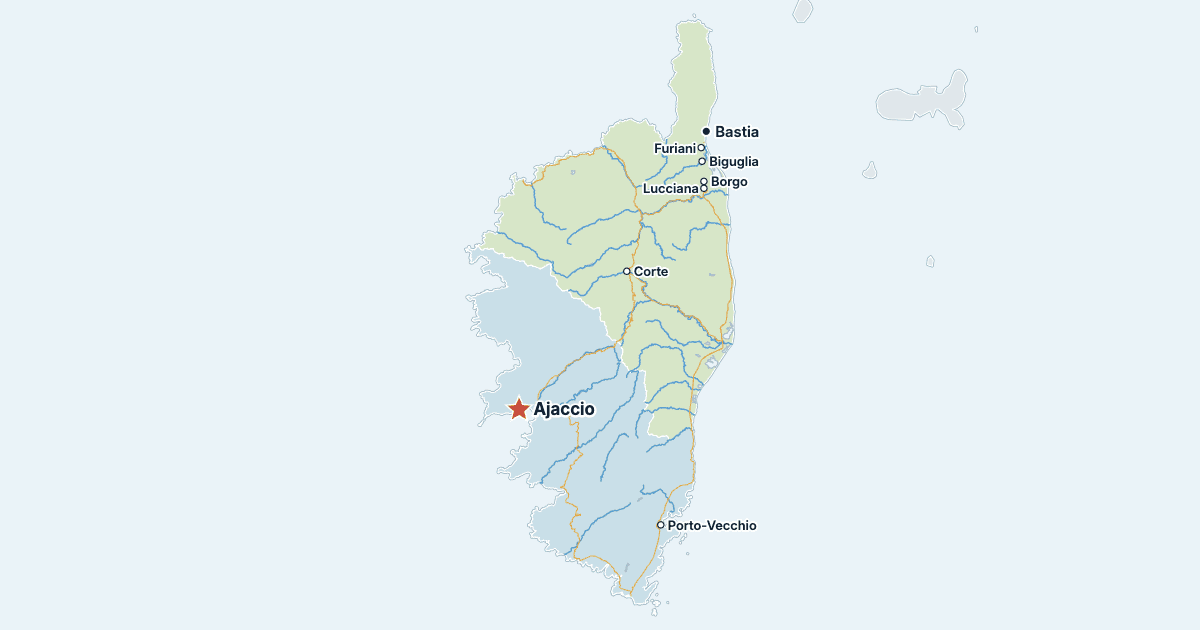 Mapa de Córcega con sus ciudades más grandes