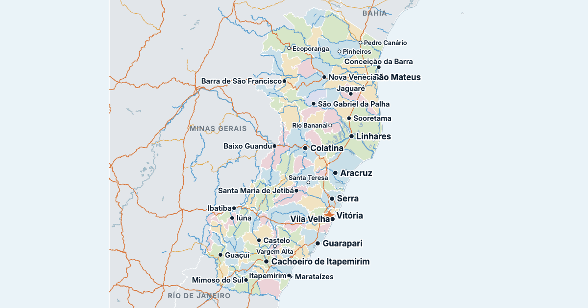 Mapa de Espírito Santo con sus ciudades más grandes