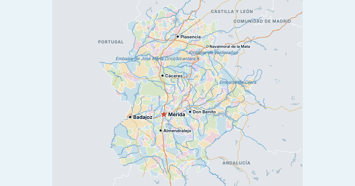 Mapa de Extremadura con sus ciudades más grandes