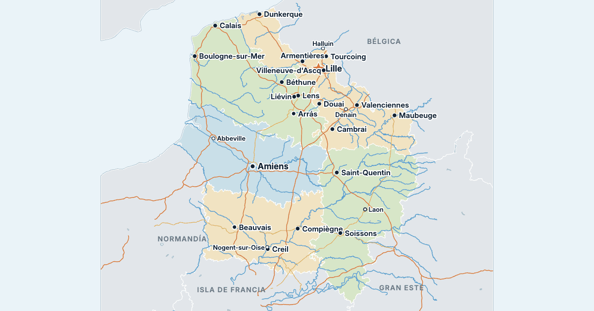 Mapa de Alta Francia con sus ciudades más grandes
