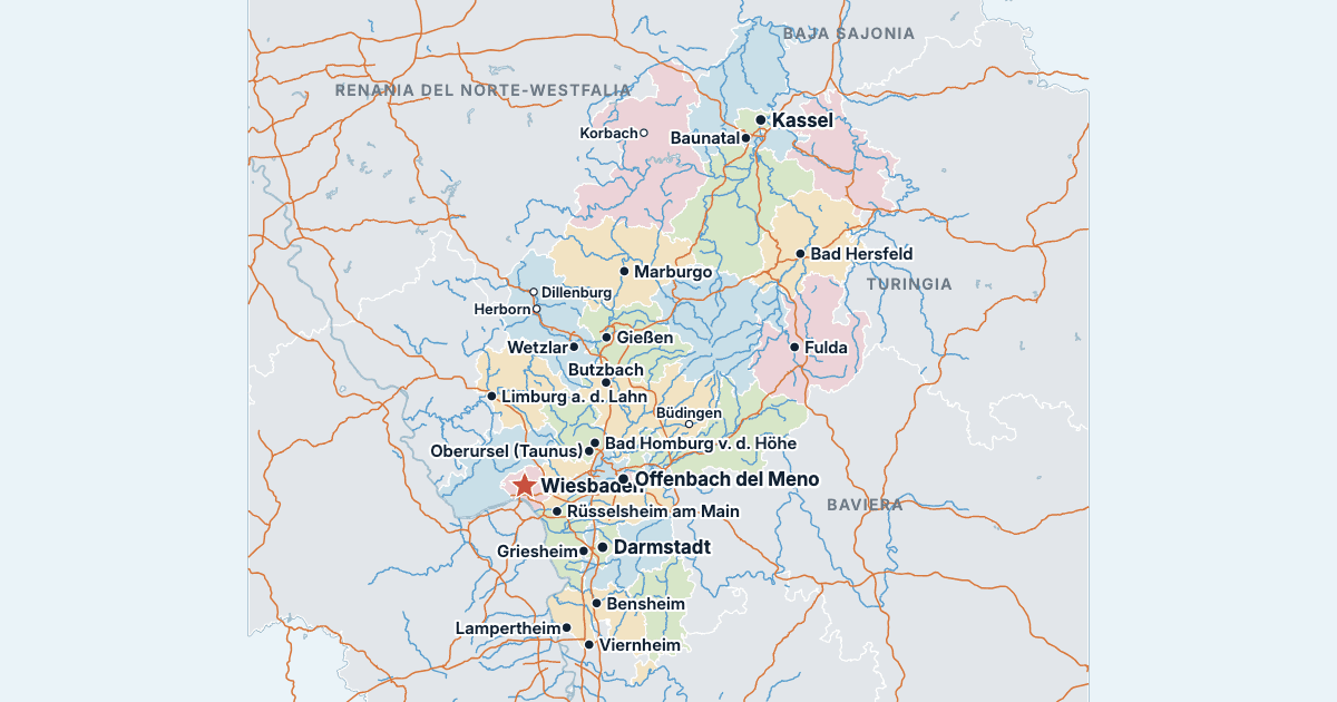 Mapa de Hesse con sus ciudades más grandes