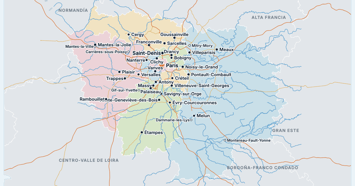 Mapa de Isla de Francia con sus ciudades más grandes