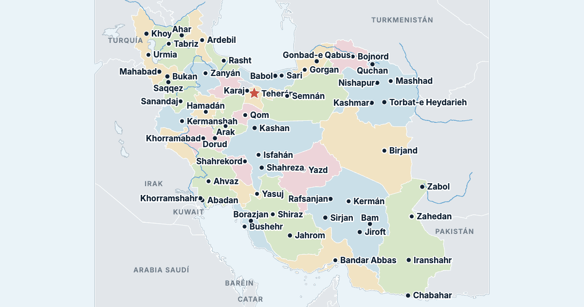 Mapa de Irán con sus ciudades más grandes