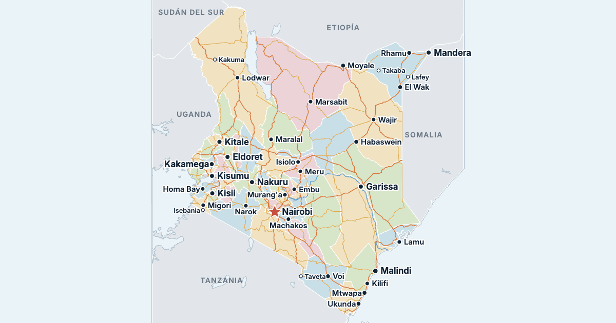Mapa de Kenia con sus ciudades más grandes