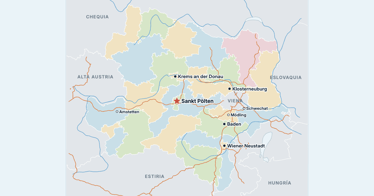 Mapa de Baja Austria con sus ciudades más grandes