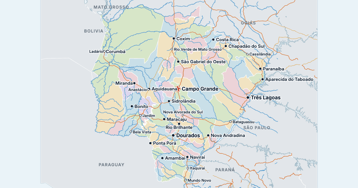 Mapa de Mato Grosso del Sur con sus ciudades más grandes