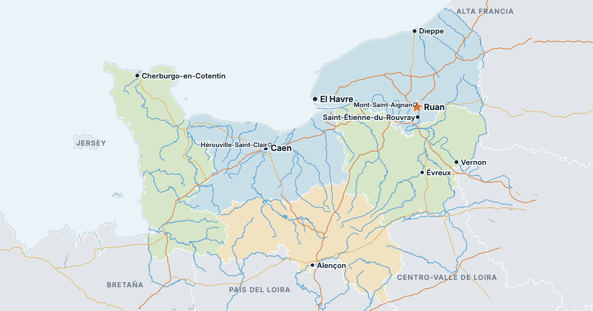 Mapa de Normandía con sus ciudades más grandes