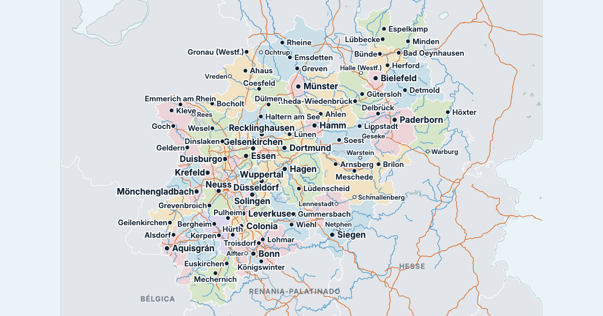 Mapa de Renania del Norte-Westfalia con sus ciudades más grandes