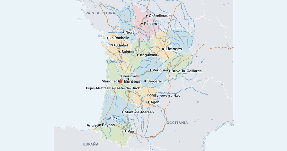Mapa de Nueva Aquitania con sus ciudades más grandes