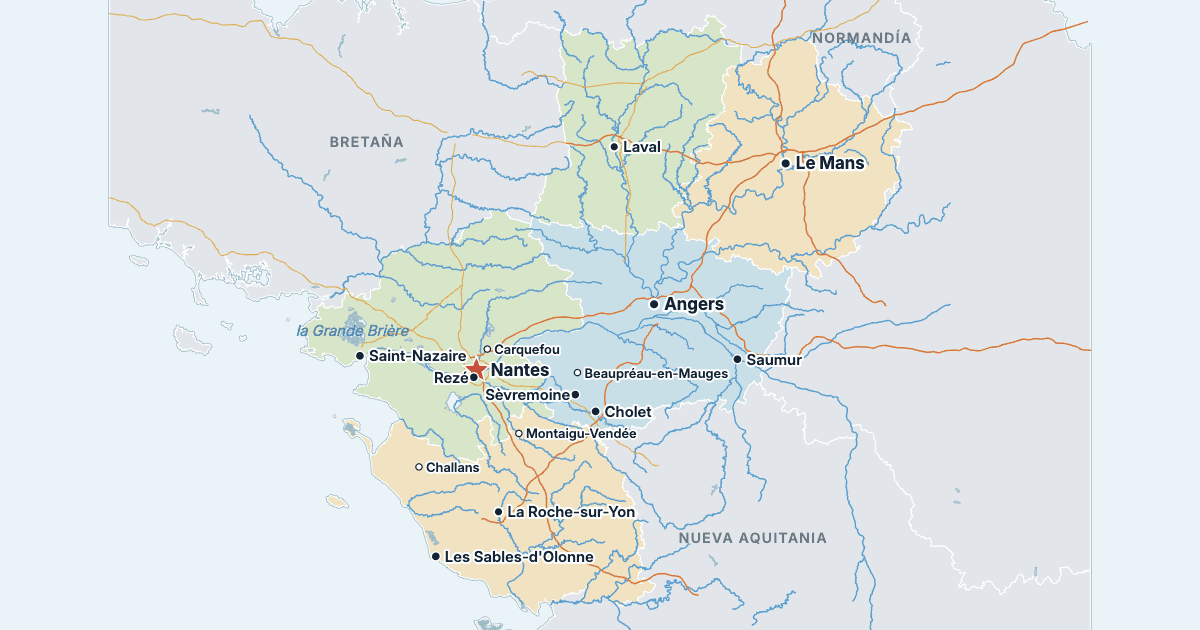 Mapa del País del Loira con sus ciudades más grandes