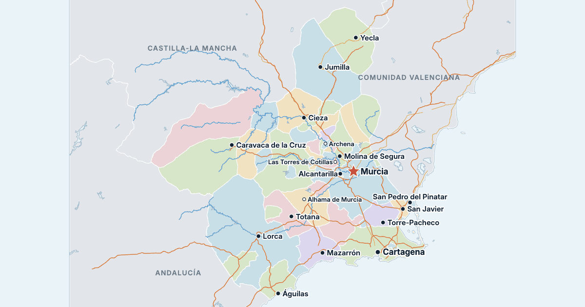 Mapa de la Región de Murcia con sus ciudades más grandes