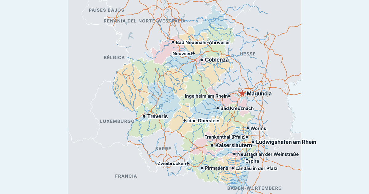 Mapa de Renania-Palatinado con sus ciudades más grandes