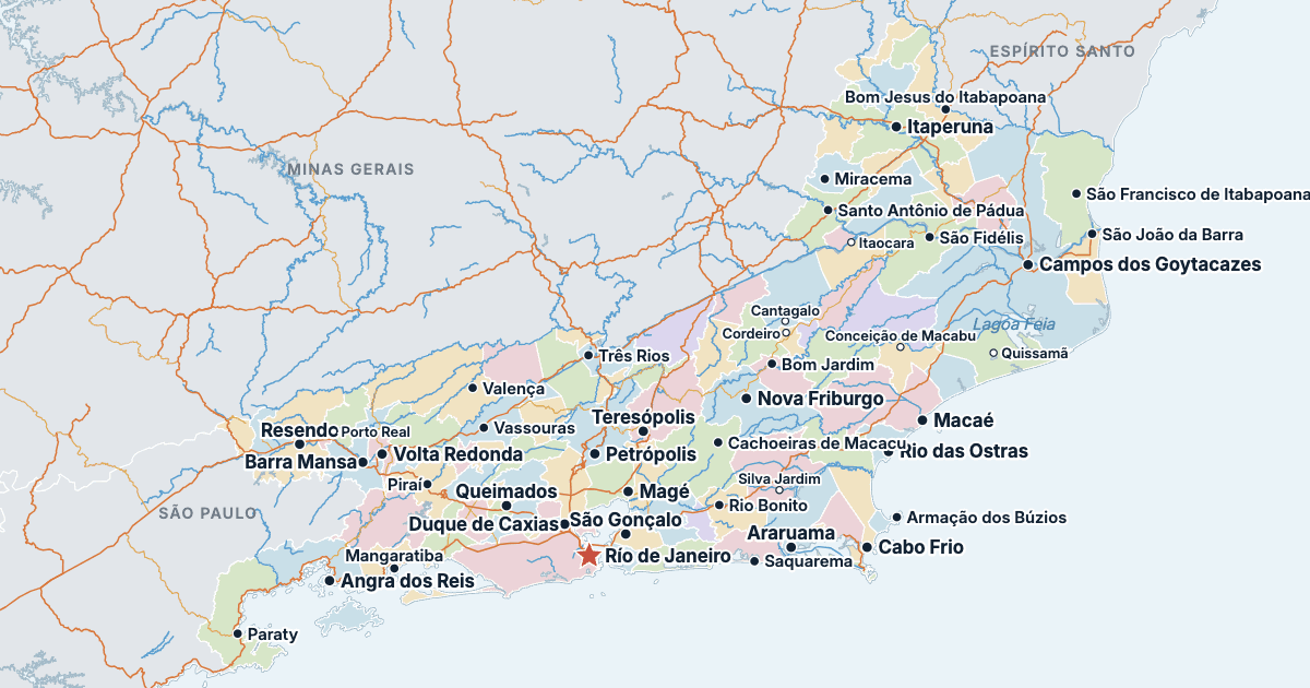 Mapa del estado de Río de Janeiro con sus ciudades más grandes