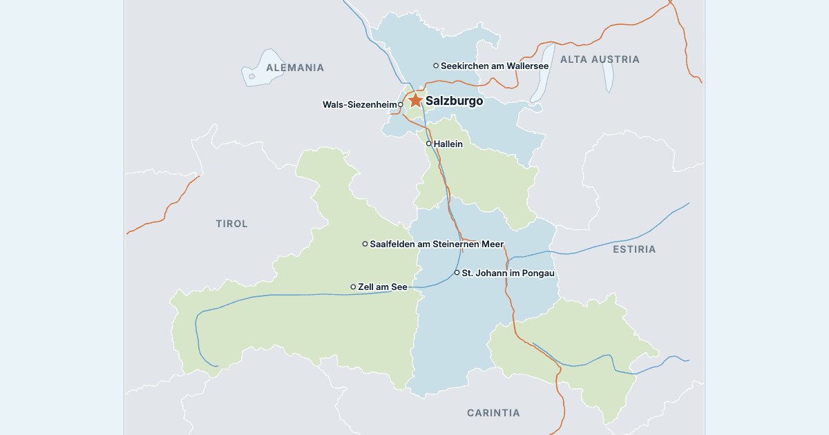 Mapa de Salzburgo con sus ciudades más grandes