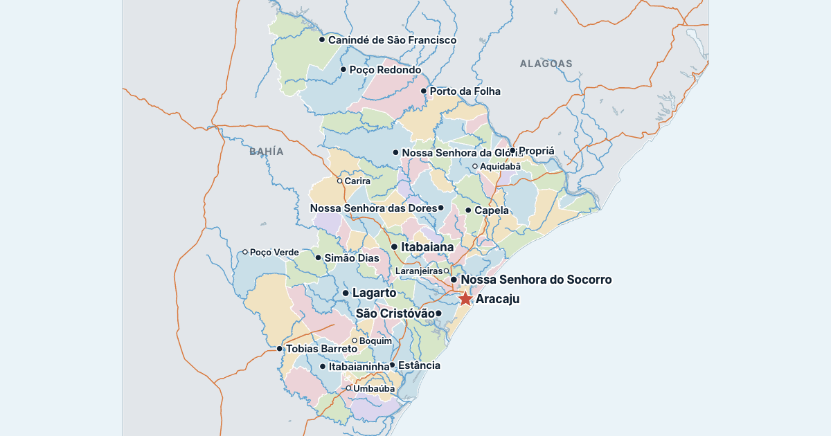 Mapa de Sergipe con sus ciudades más grandes