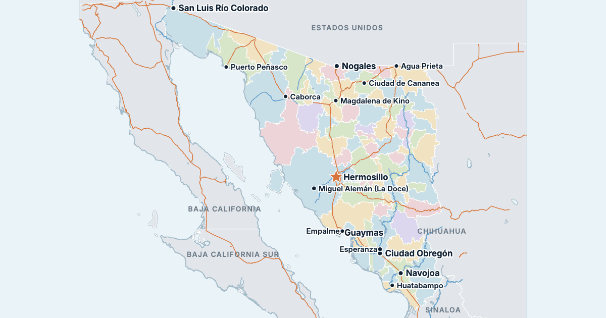 Mapa de Sonora con sus ciudades más grandes