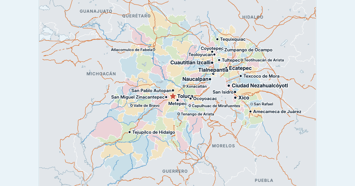 Mapa del Estado de México con sus ciudades más grandes