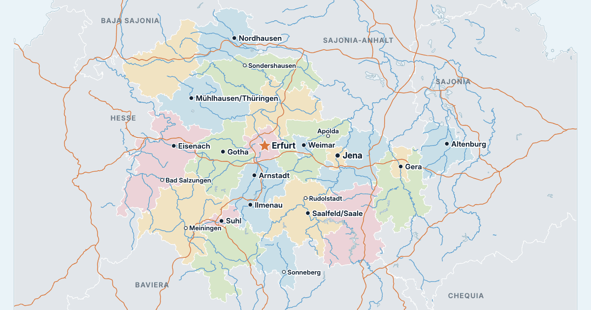 Mapa de Turingia con sus ciudades más grandes