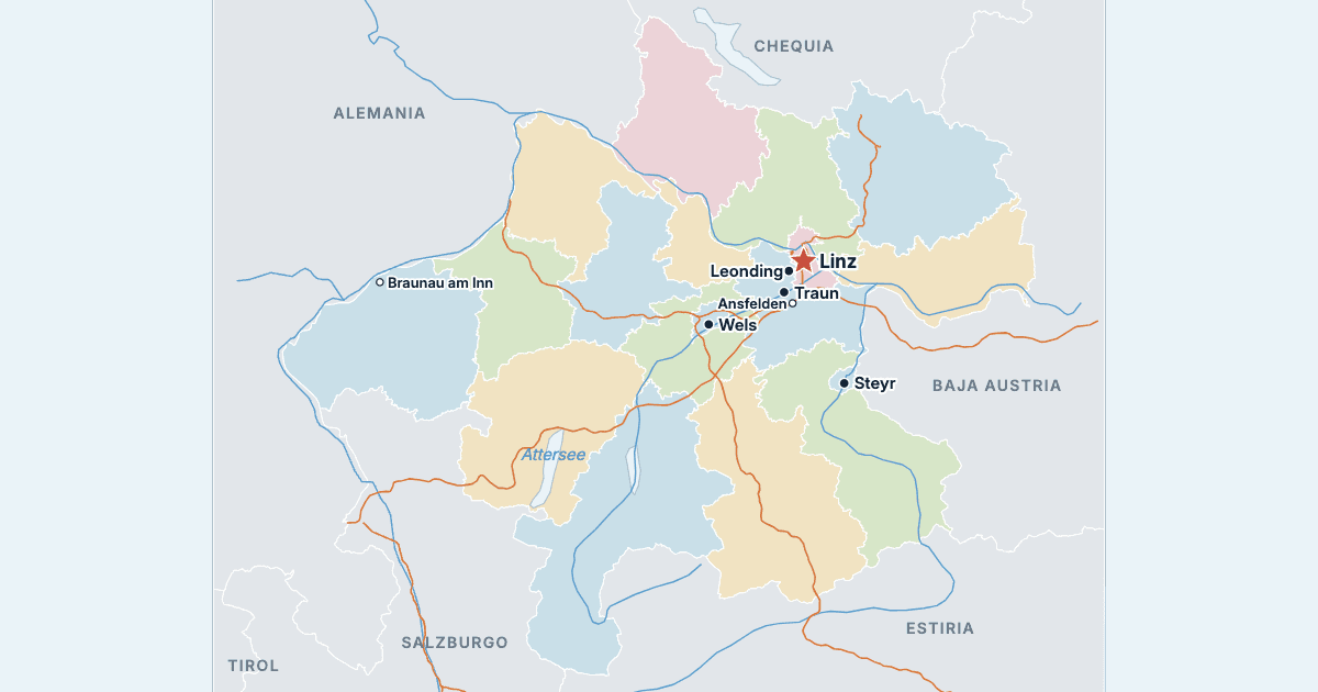 Mapa de Alta Austria con sus ciudades más grandes