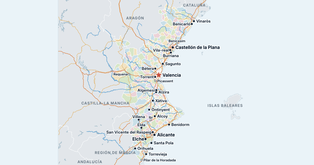 Mapa de la Comunidad Valenciana con sus ciudades más grandes